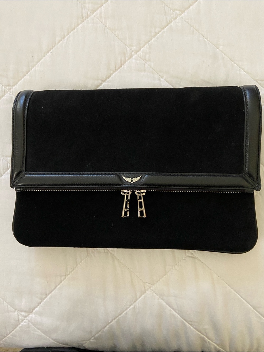 Zadig & Voltaire Black Suede Fold-Over Clutch with Leather Trim